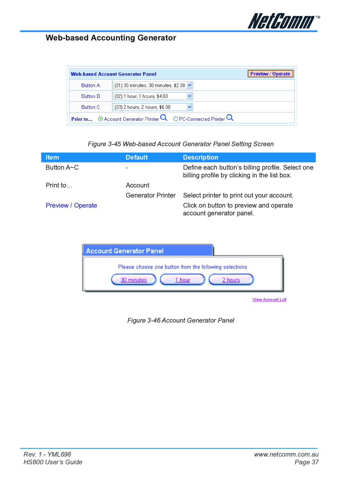 NetComm HS800 manual Web-based Accounting Generator, Web-based Account Generator Panel Setting Screen 