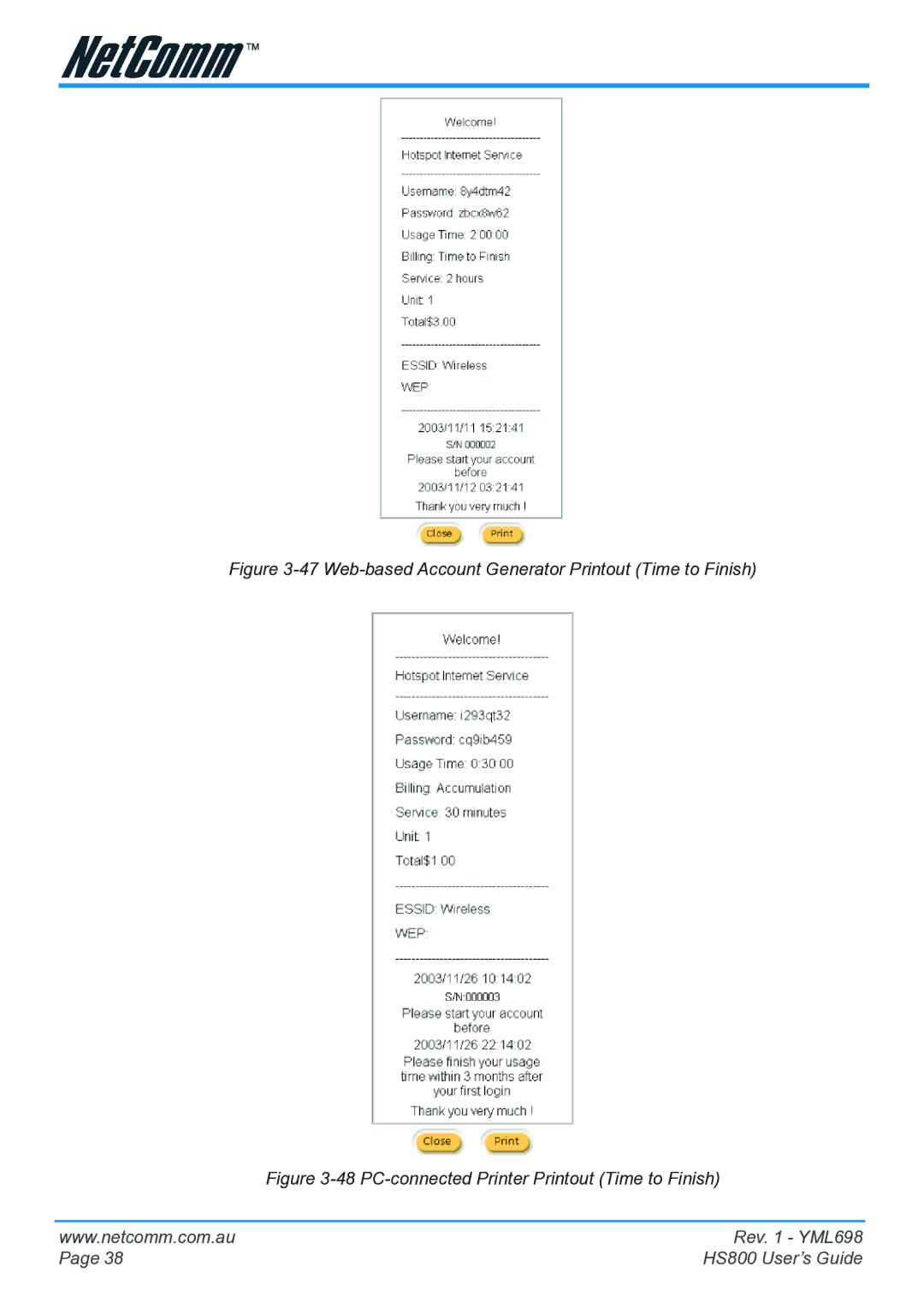 NetComm HS800 manual Web-based Account Generator Printout Time to Finish 