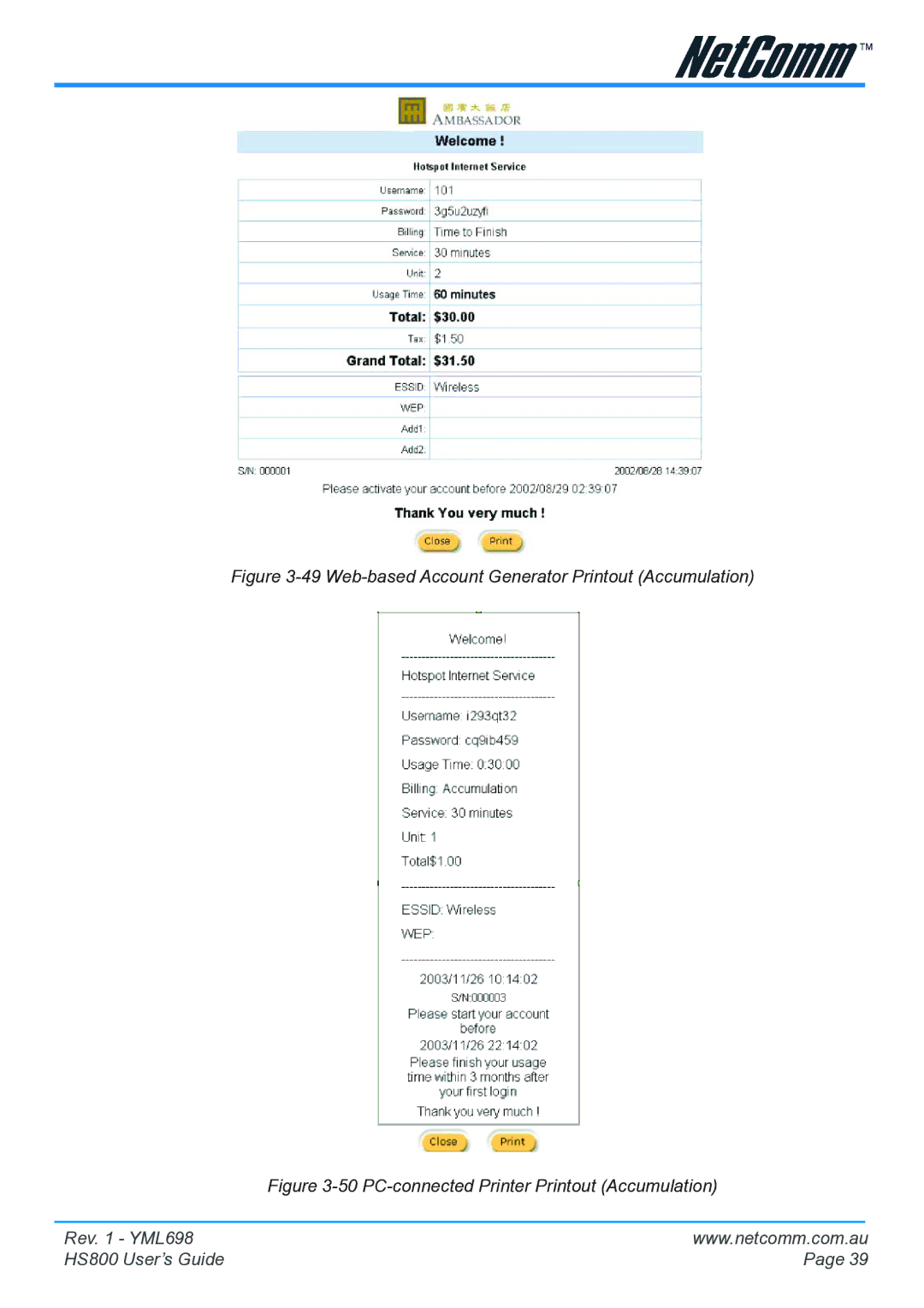 NetComm HS800 manual Web-based Account Generator Printout Accumulation 