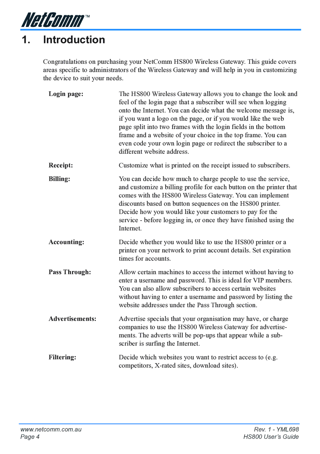 NetComm HS800 manual Introduction, Login 