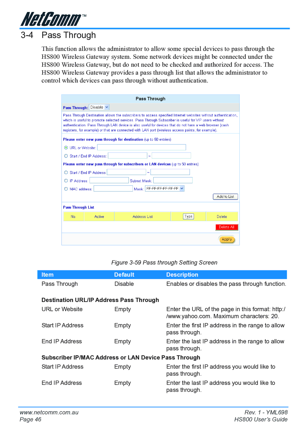 NetComm HS800 manual Subscriber IP/MAC Address or LAN Device Pass Through 