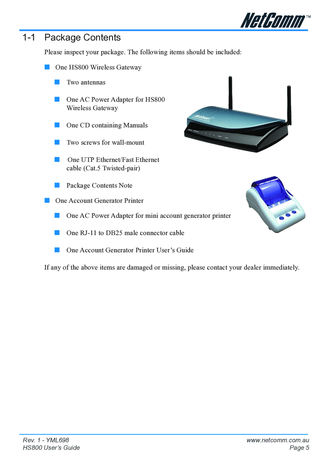 NetComm HS800 manual Package Contents 