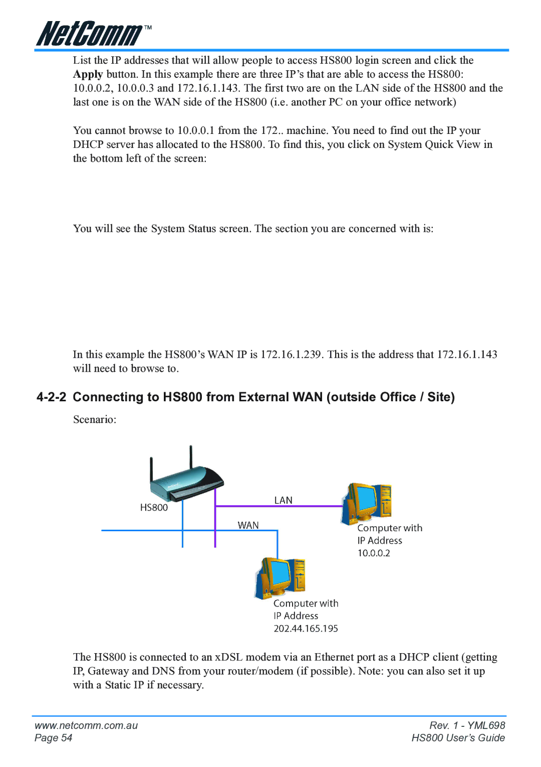 NetComm manual Connecting to HS800 from External WAN outside Office / Site 