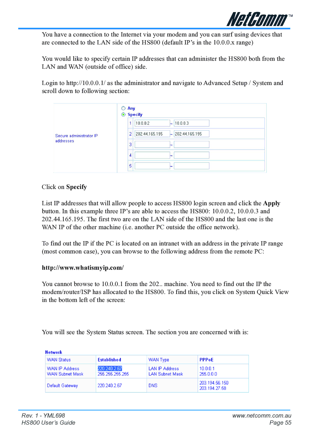 NetComm manual Rev YML698 HS800 User’s Guide 