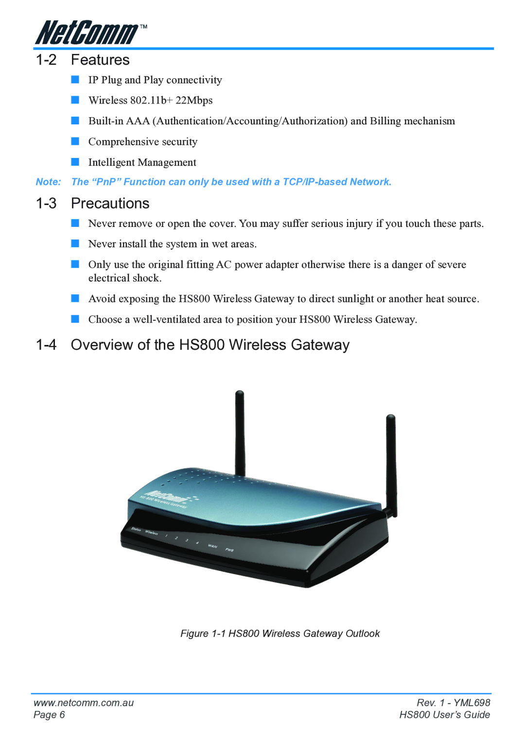 NetComm manual Features, Precautions, Overview of the HS800 Wireless Gateway 