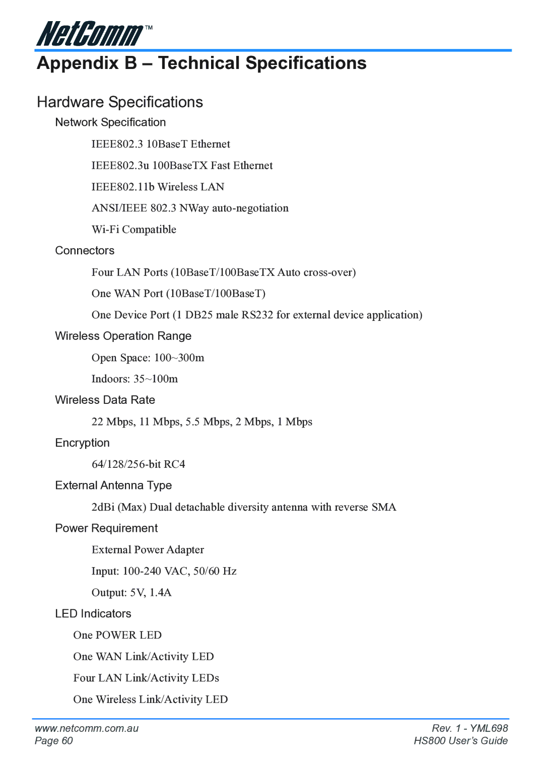 NetComm HS800 manual Appendix B Technical Specifications, Hardware Specifications 