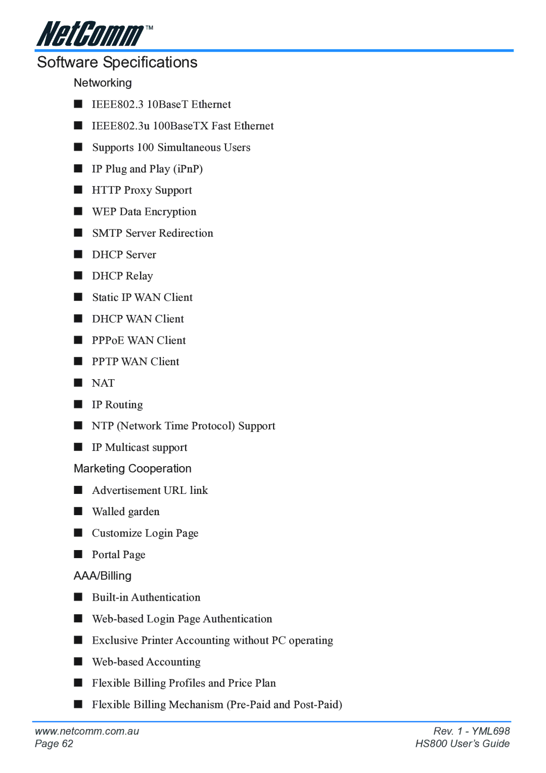 NetComm HS800 manual Software Specifications, Networking 