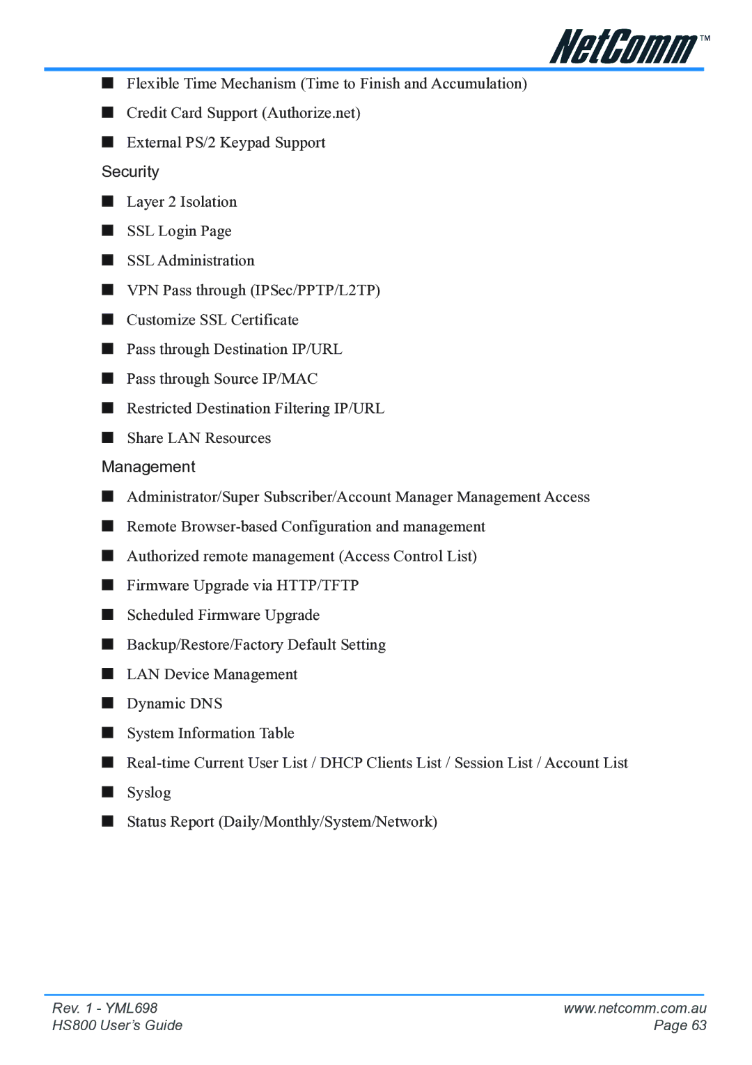 NetComm HS800 manual Security 