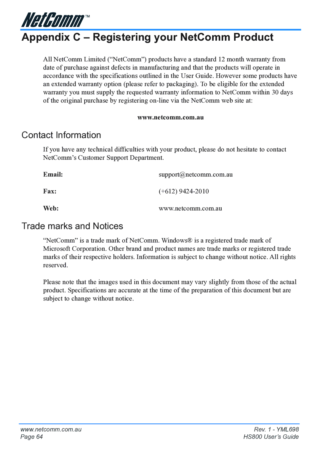 NetComm HS800 manual Appendix C Registering your NetComm Product, Contact Information, Trade marks and Notices 