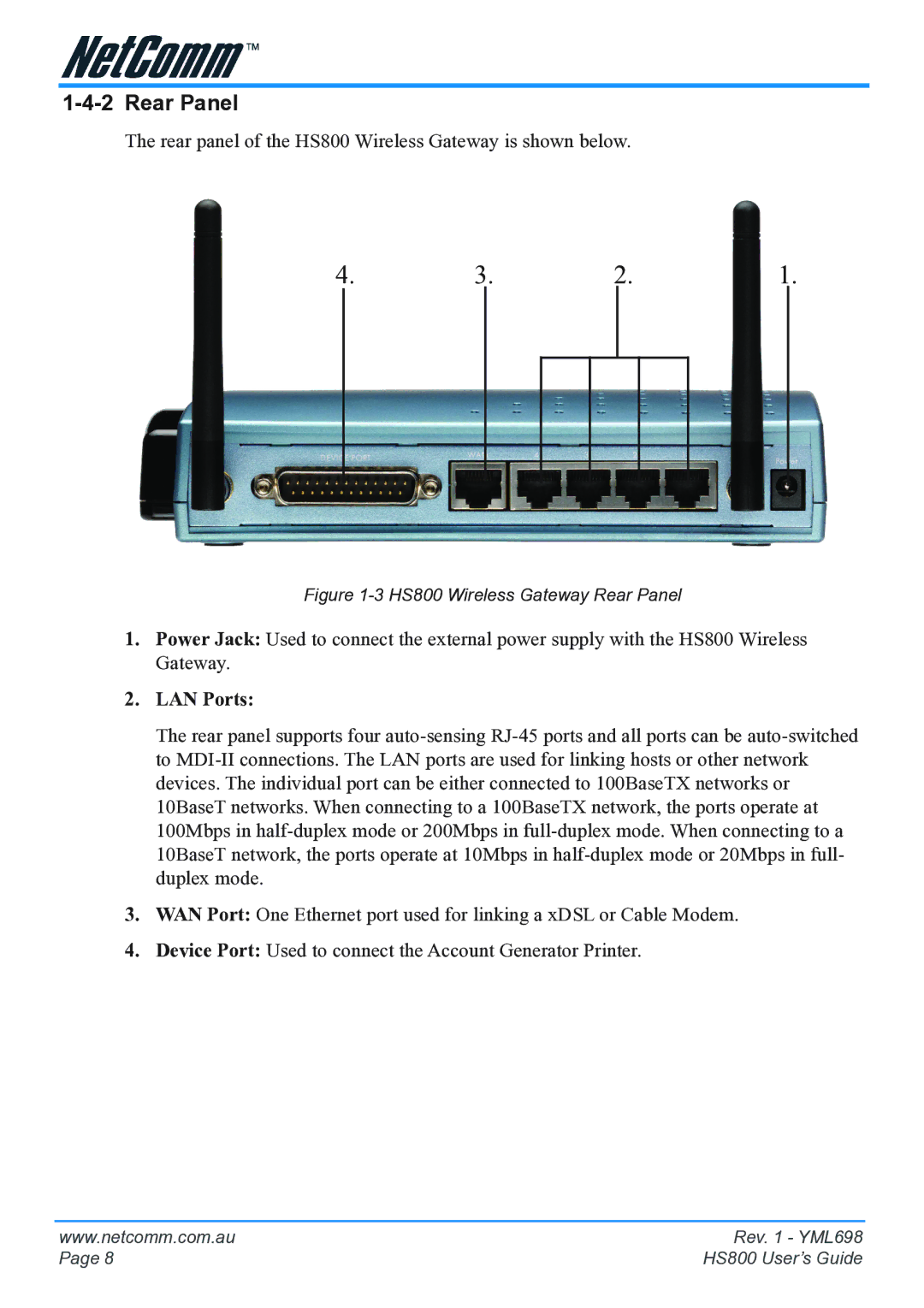 NetComm HS800 manual Rear Panel, LAN Ports 