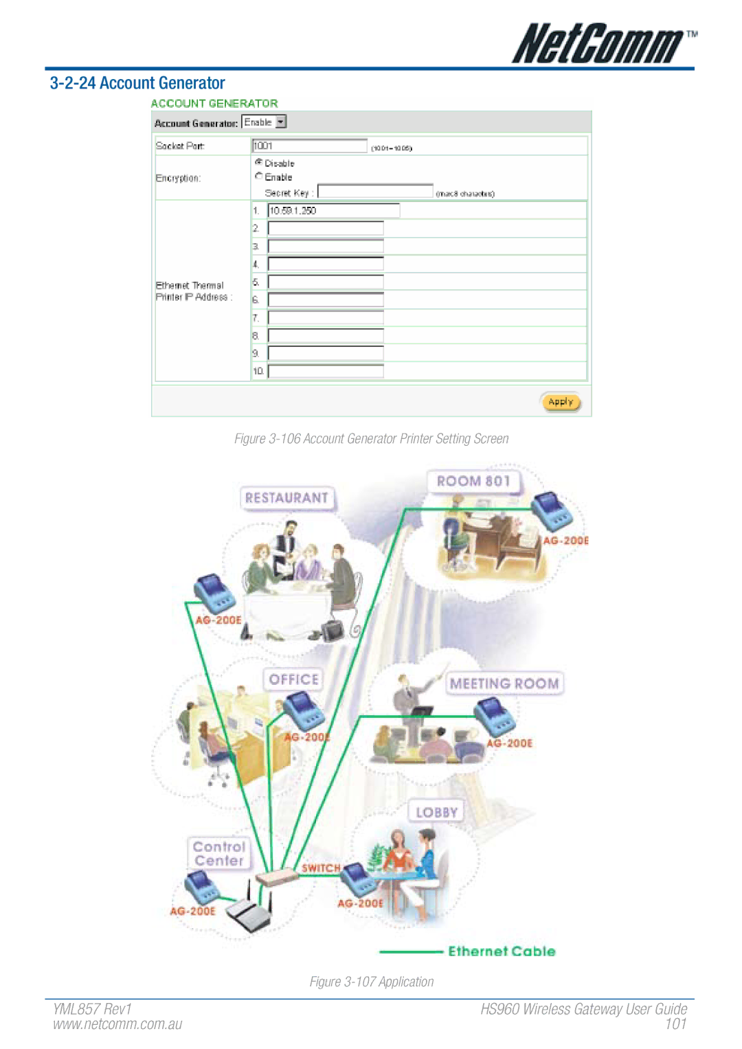 NetComm HS960 manual Account Generator Printer Setting Screen 