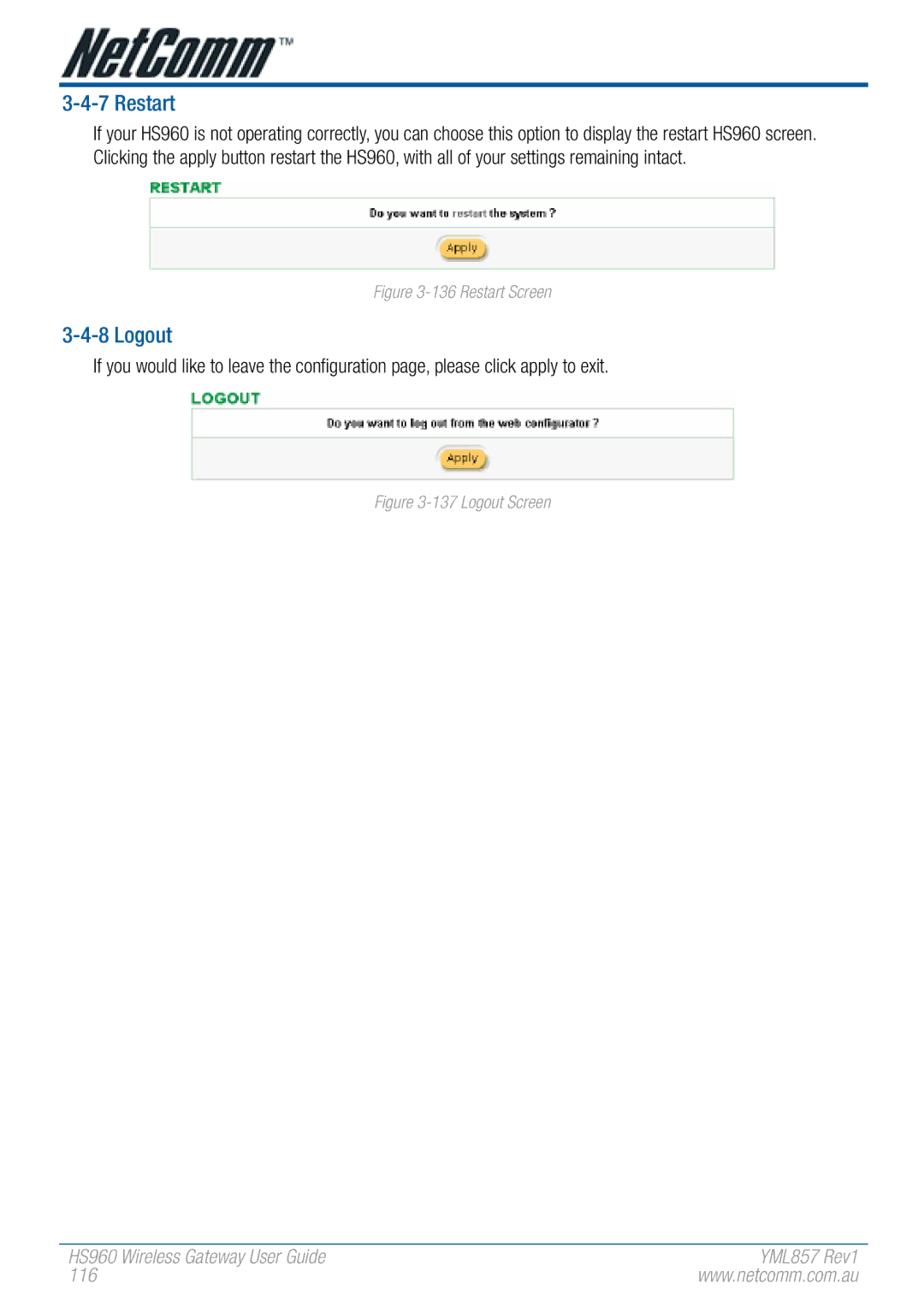 NetComm HS960 manual Restart, Logout 