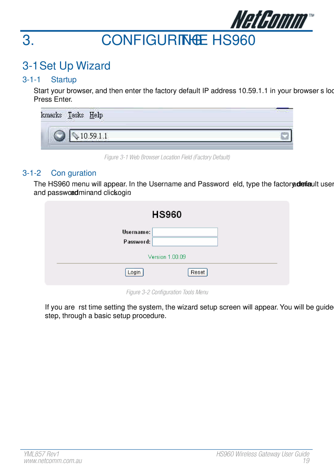 NetComm HS960 manual Set Up Wizard, Startup, Configuration 