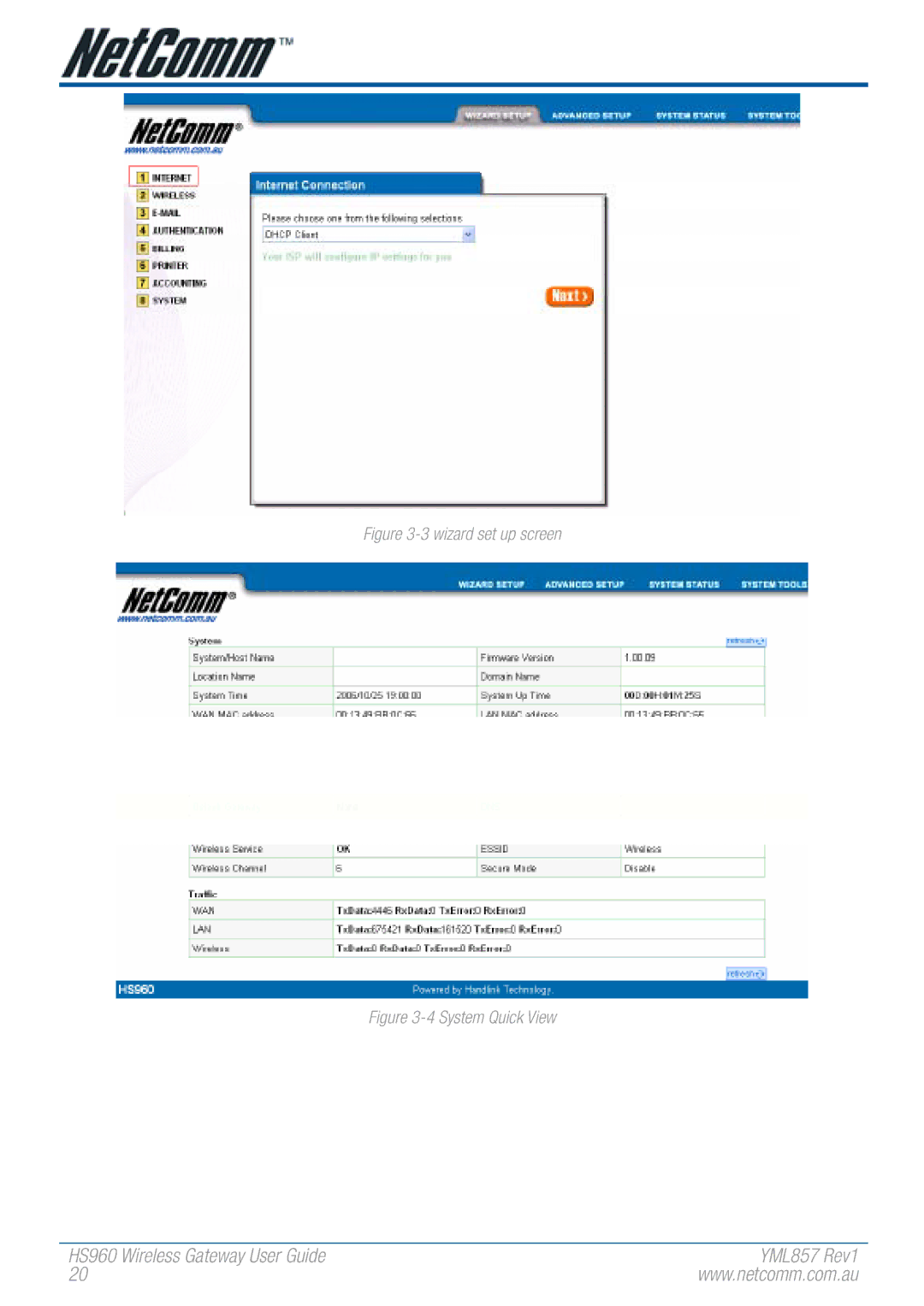 NetComm HS960 manual Wizard set up screen 