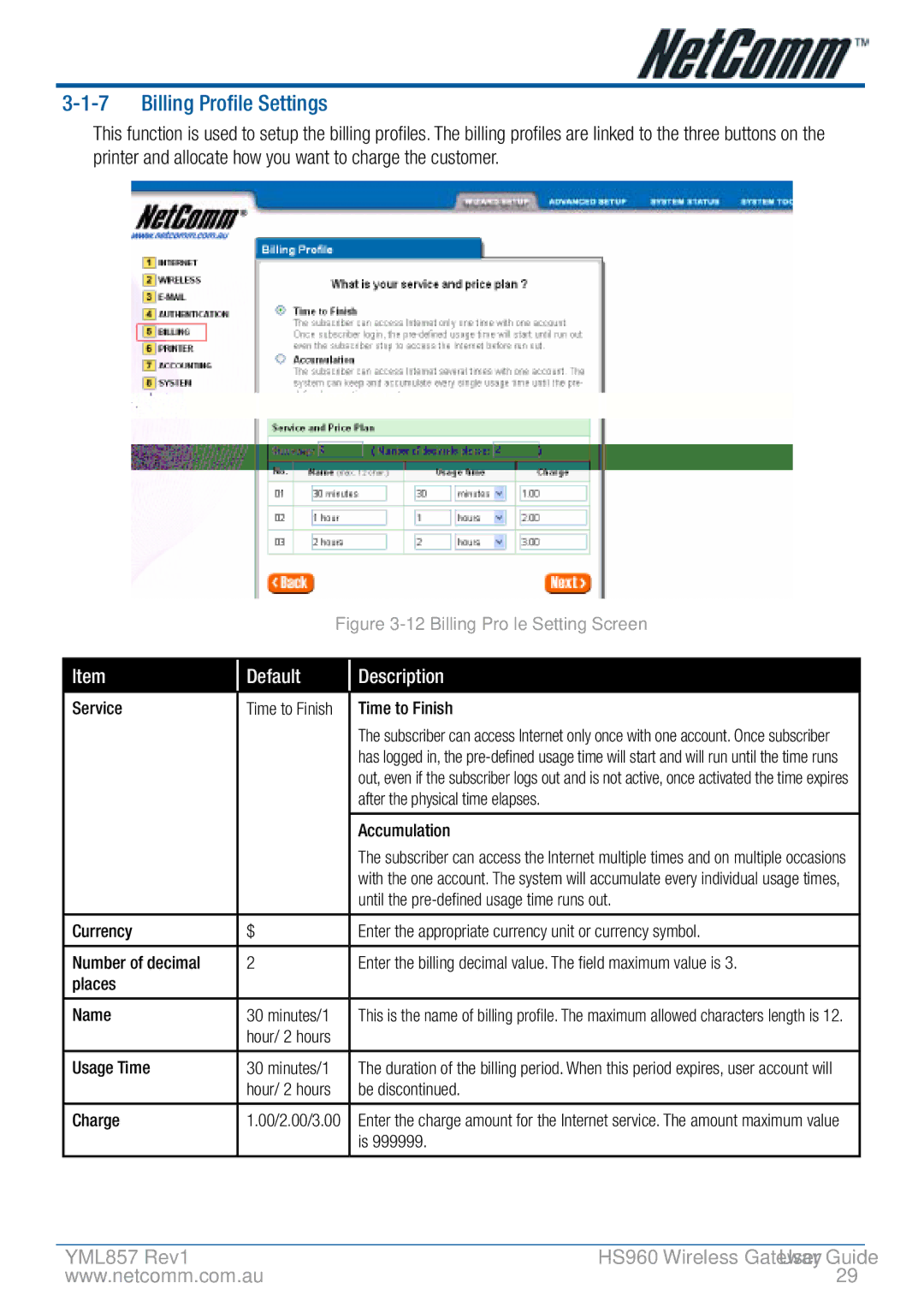 NetComm HS960 manual Billing Profile Settings 