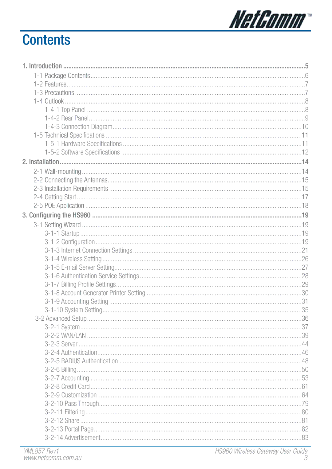 NetComm HS960 manual Contents 