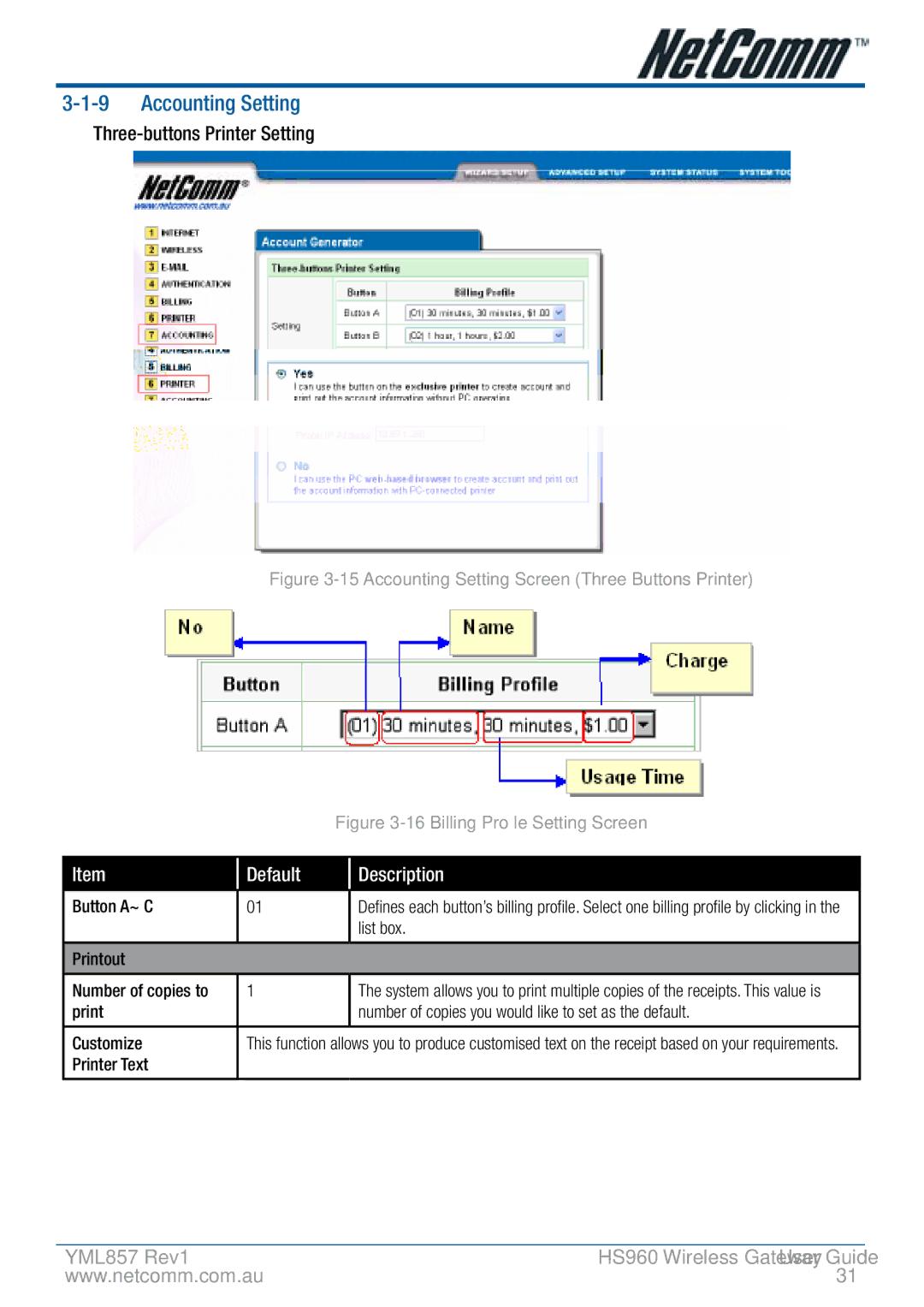 NetComm HS960 manual Accounting Setting, Three-buttons Printer Setting 