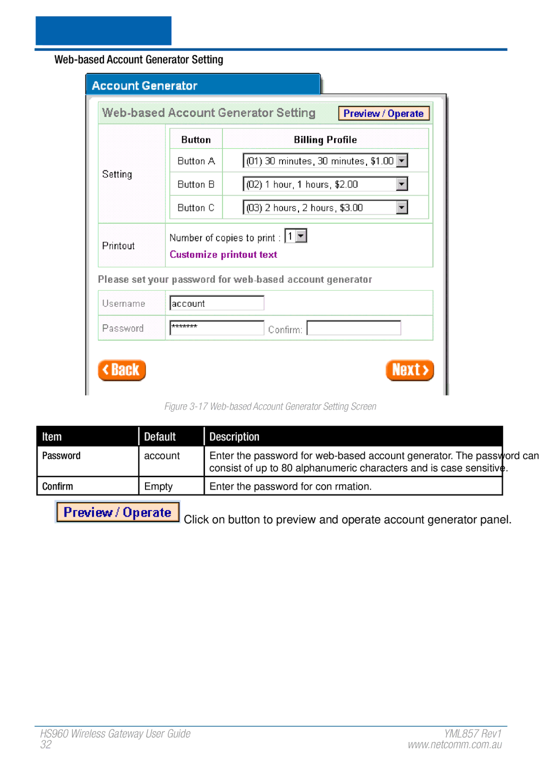 NetComm HS960 Web-based Account Generator Setting, Password Account, Confirm Empty Enter the password for confirmation 