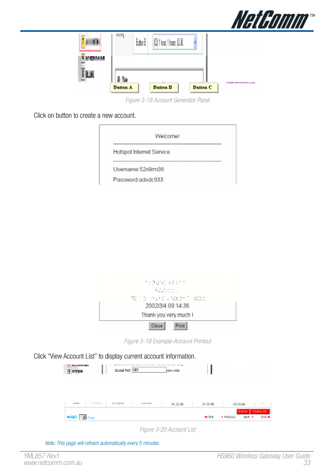 NetComm HS960 manual Click on button to create a new account, Account Generator Panel 