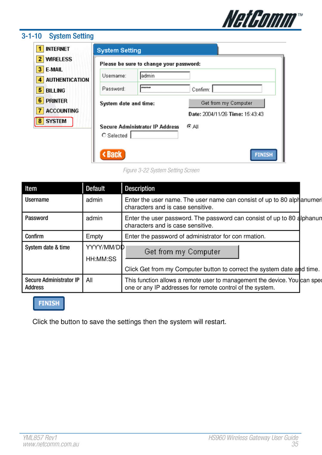 NetComm HS960 manual System Setting, Hhmmss 