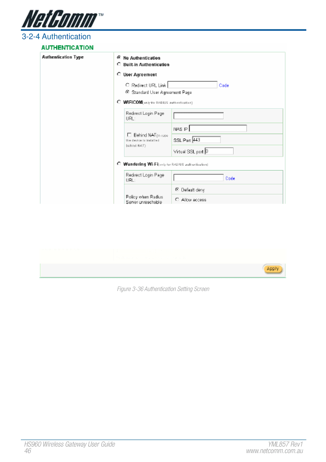 NetComm HS960 manual Authentication Setting Screen 