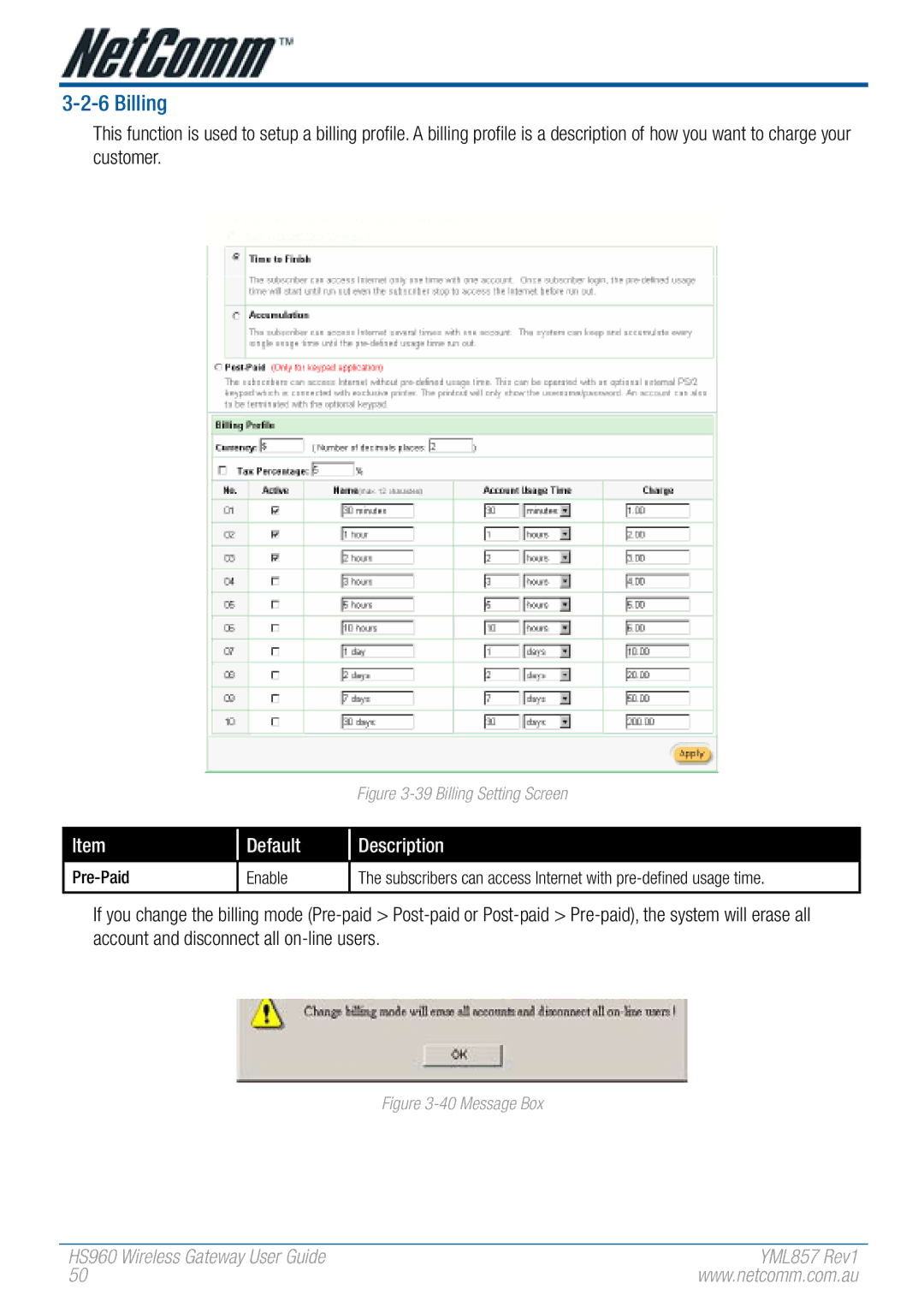 NetComm HS960 manual Billing Setting Screen 