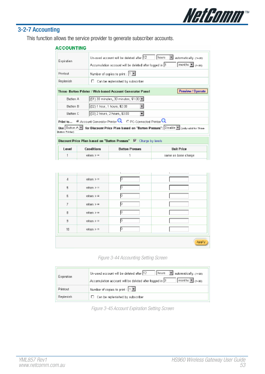 NetComm HS960 manual Accounting Setting Screen 