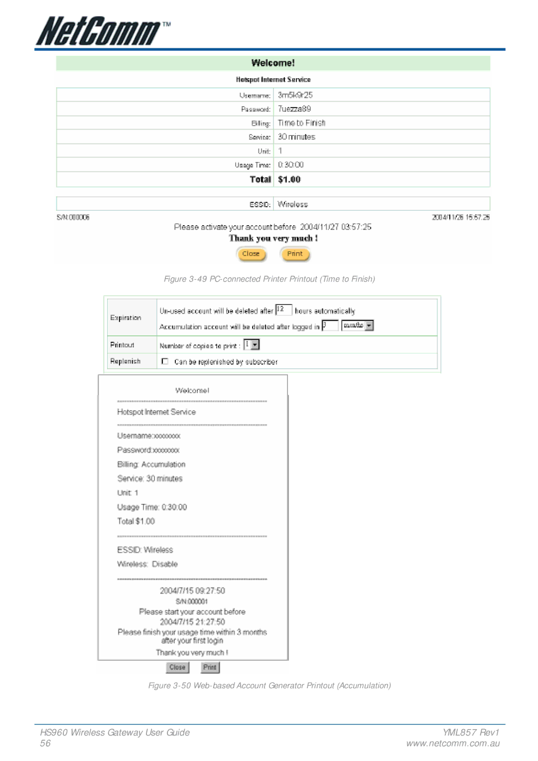 NetComm HS960 manual PC-connected Printer Printout Time to Finish 