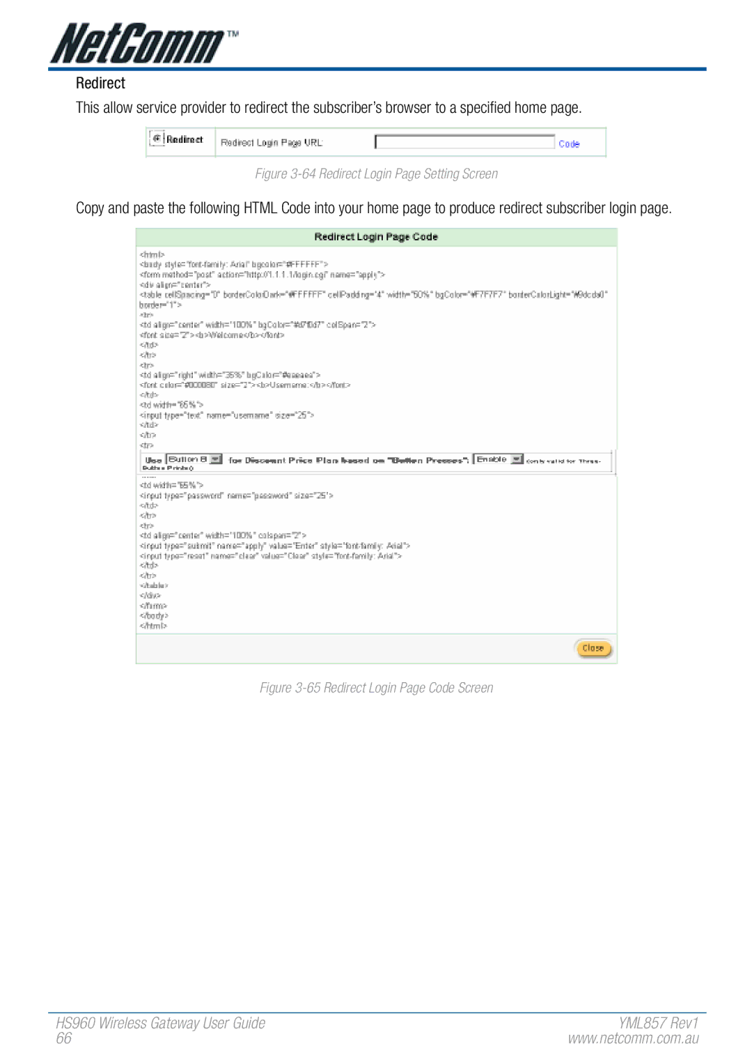 NetComm HS960 manual Redirect Login Page Setting Screen 