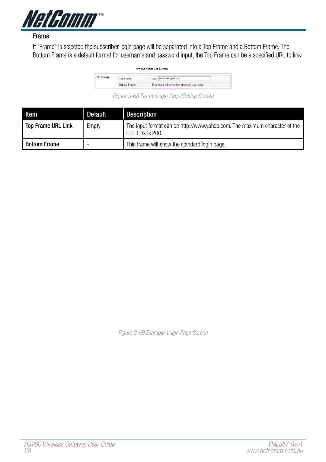 NetComm HS960 manual Frame Login Page Setting Screen 