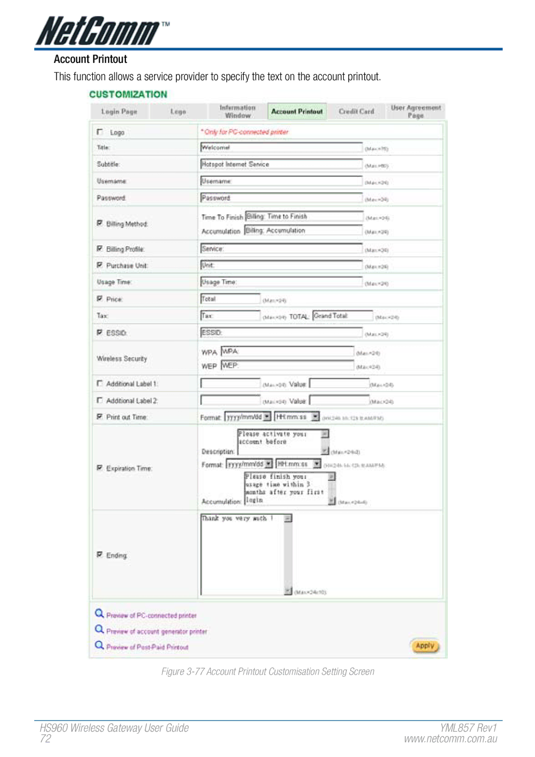 NetComm HS960 manual Account Printout Customisation Setting Screen 