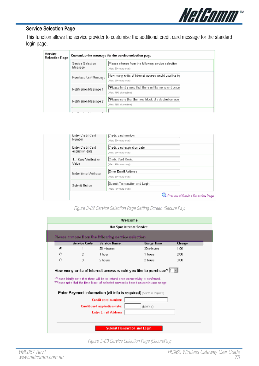 NetComm HS960 manual Service Selection Page Setting Screen Secure Pay 