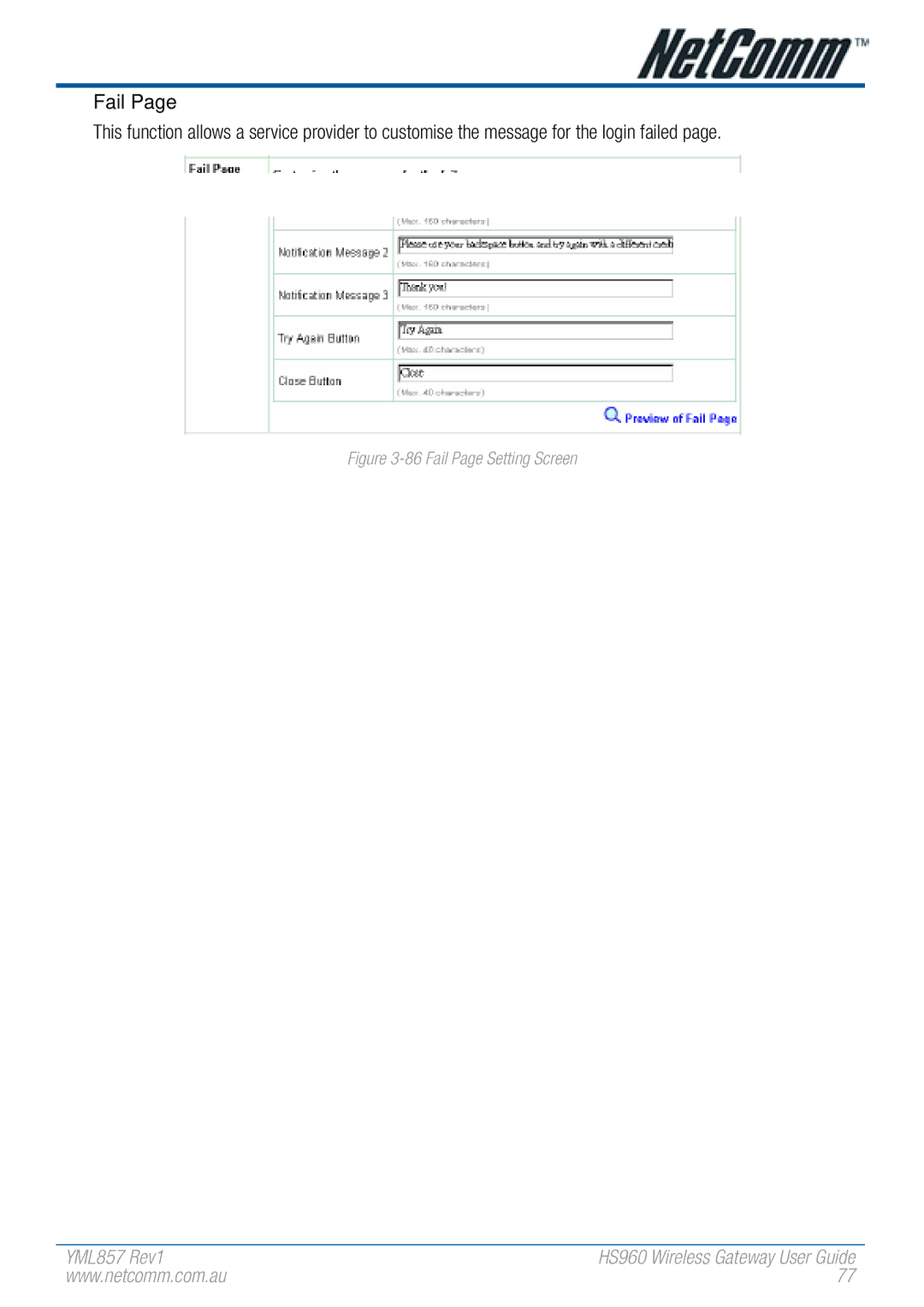 NetComm HS960 manual Fail Page Setting Screen 