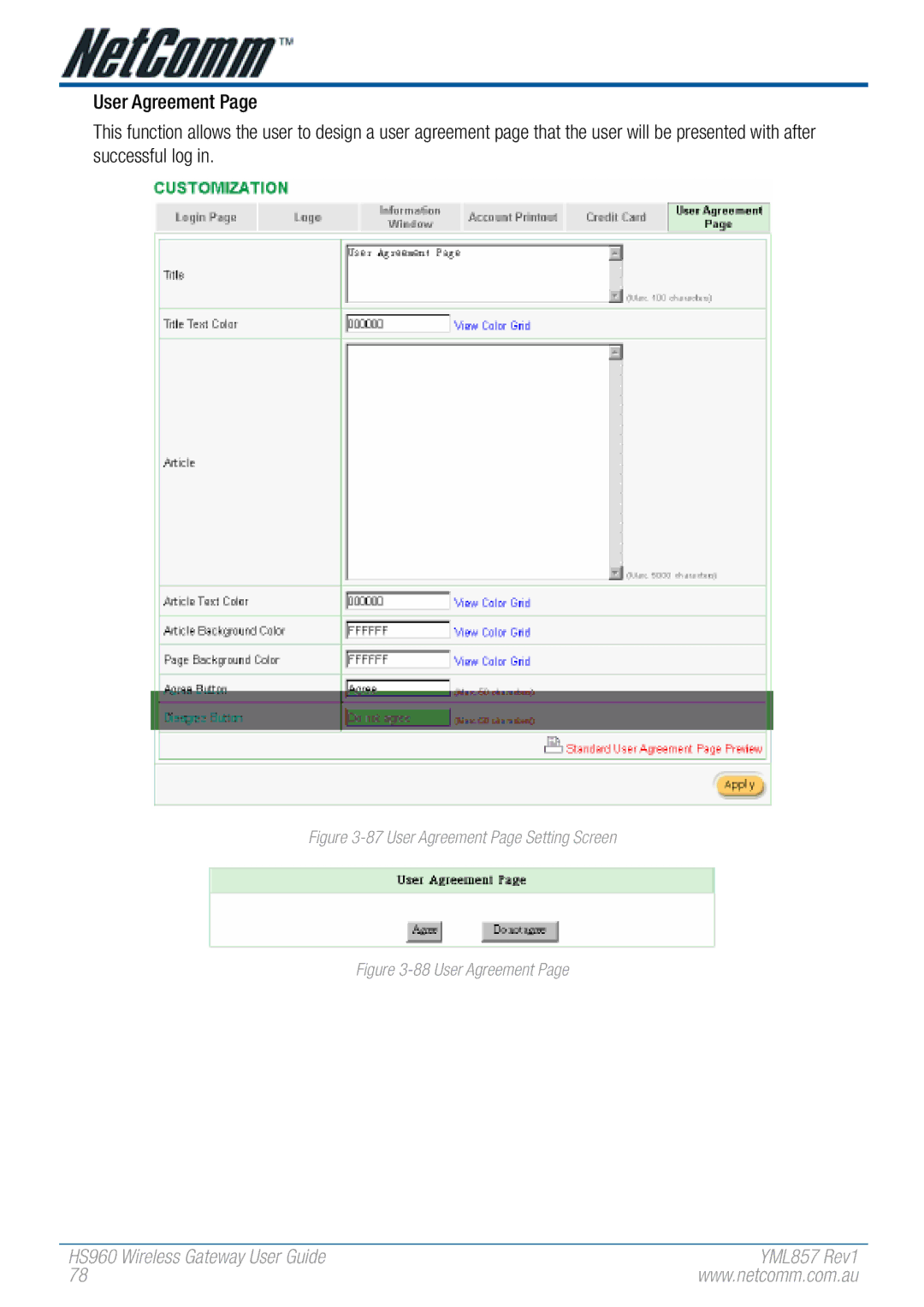 NetComm HS960 manual User Agreement Page Setting Screen 