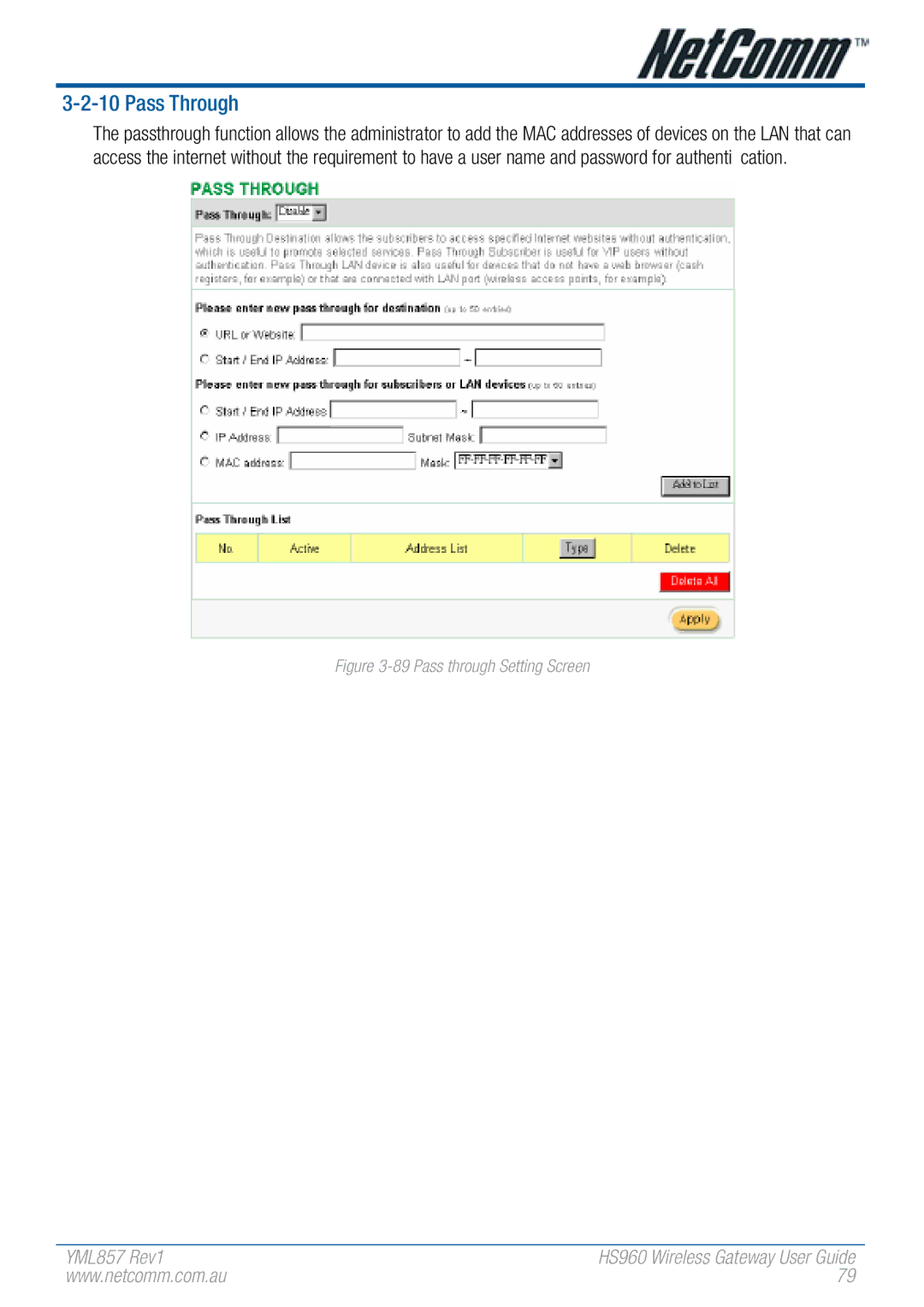 NetComm HS960 manual Pass Through, Pass through Setting Screen 