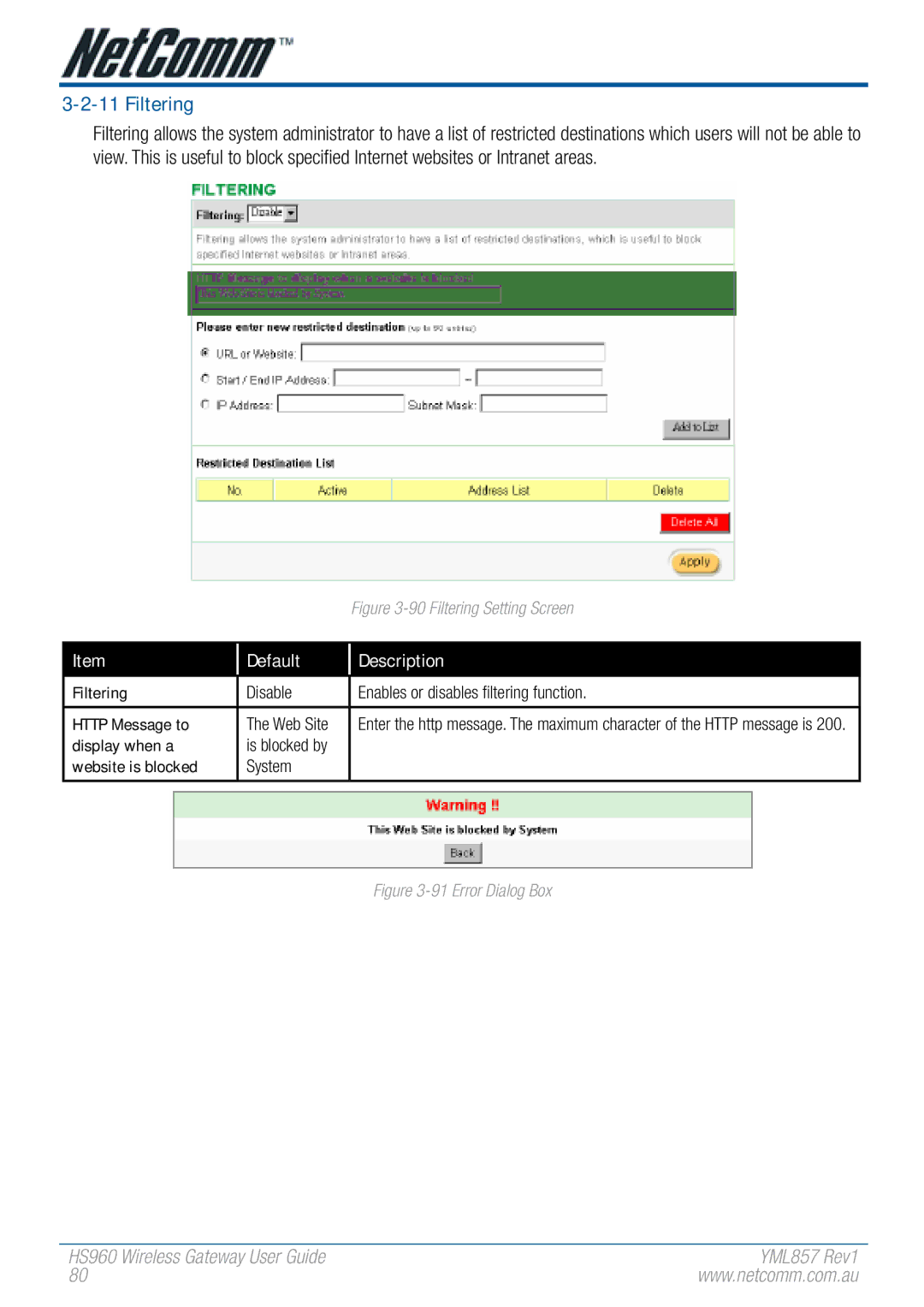 NetComm HS960 manual Filtering, Display when a, Website is blocked System 