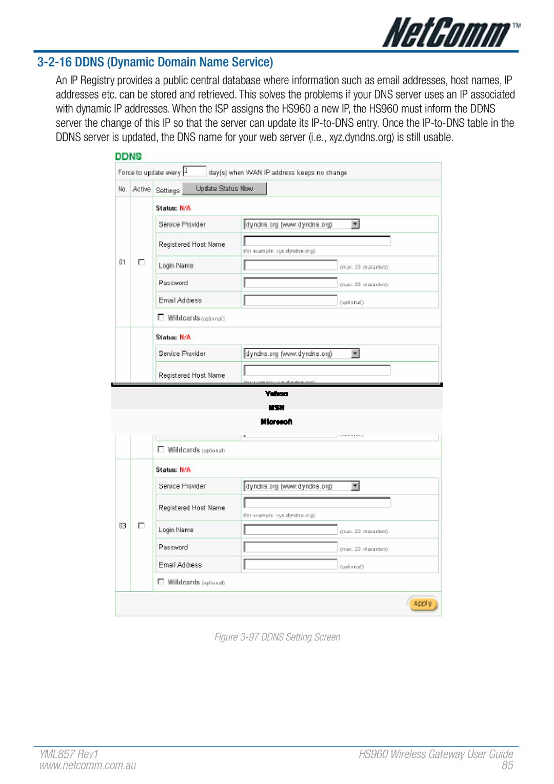 NetComm HS960 manual Ddns Dynamic Domain Name Service, Ddns Setting Screen 