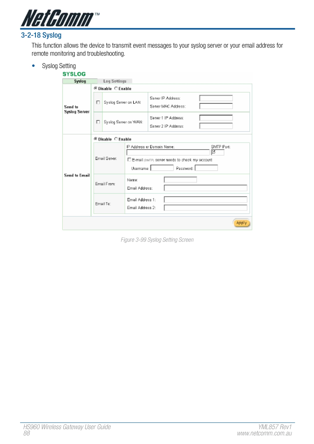 NetComm HS960 manual Syslog Setting Screen 