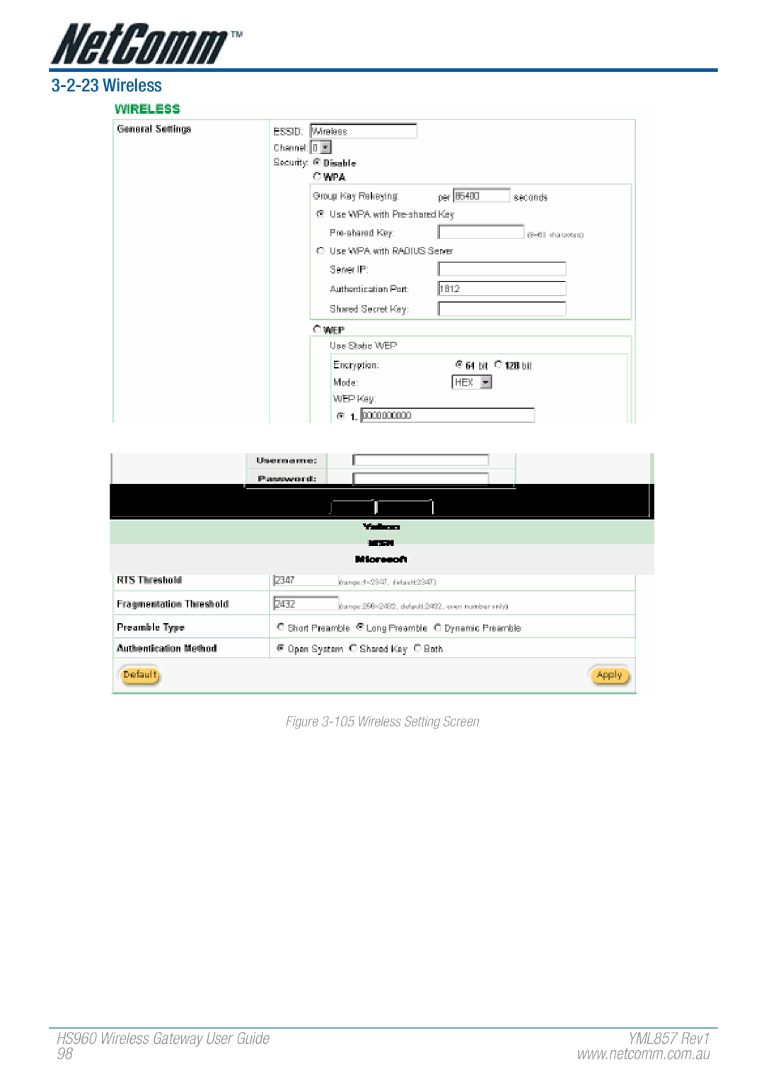 NetComm HS960 manual Wireless Setting Screen 