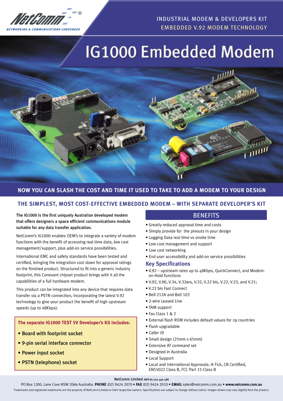 NetComm IG1000 specifications Benefits, Industrial Modem & Developers KIT, Embedded V.92 Modem Technology 