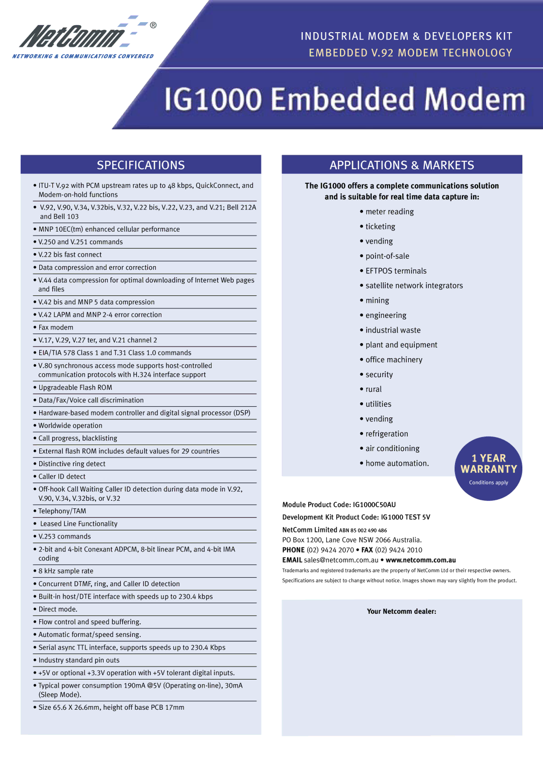 NetComm IG1000 specifications Specifications, Applications & Markets, Year, Warranty 