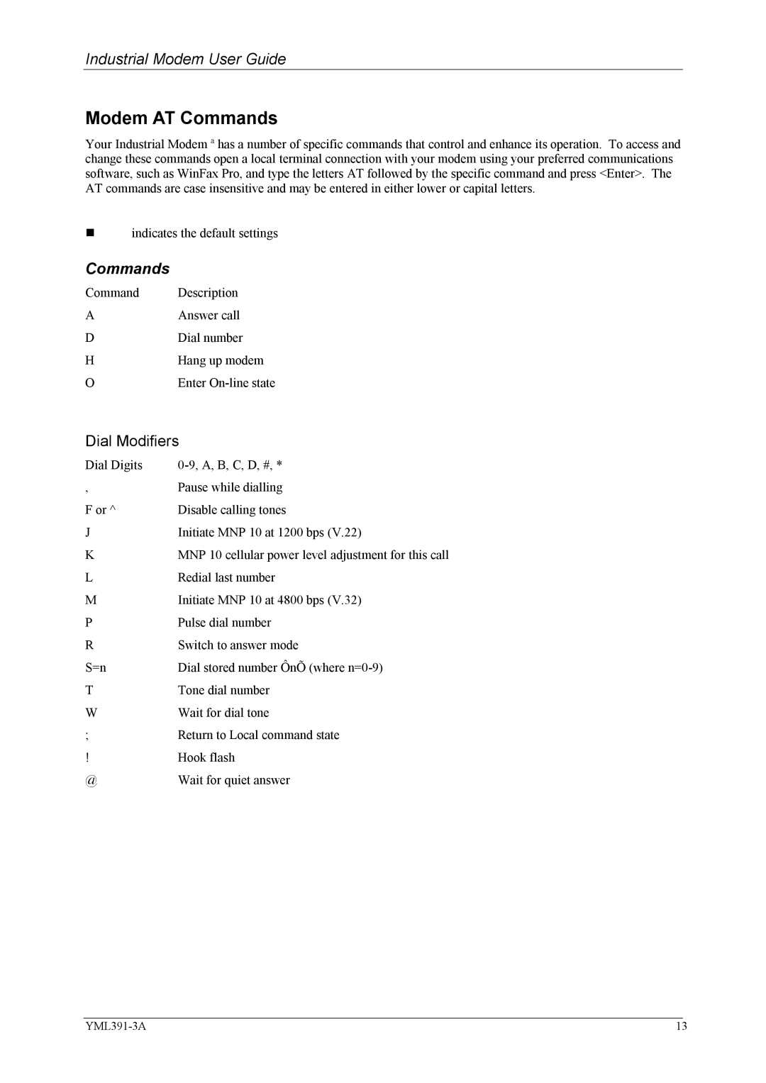 NetComm IG6000 manual Modem AT Commands, Dial Modifiers 