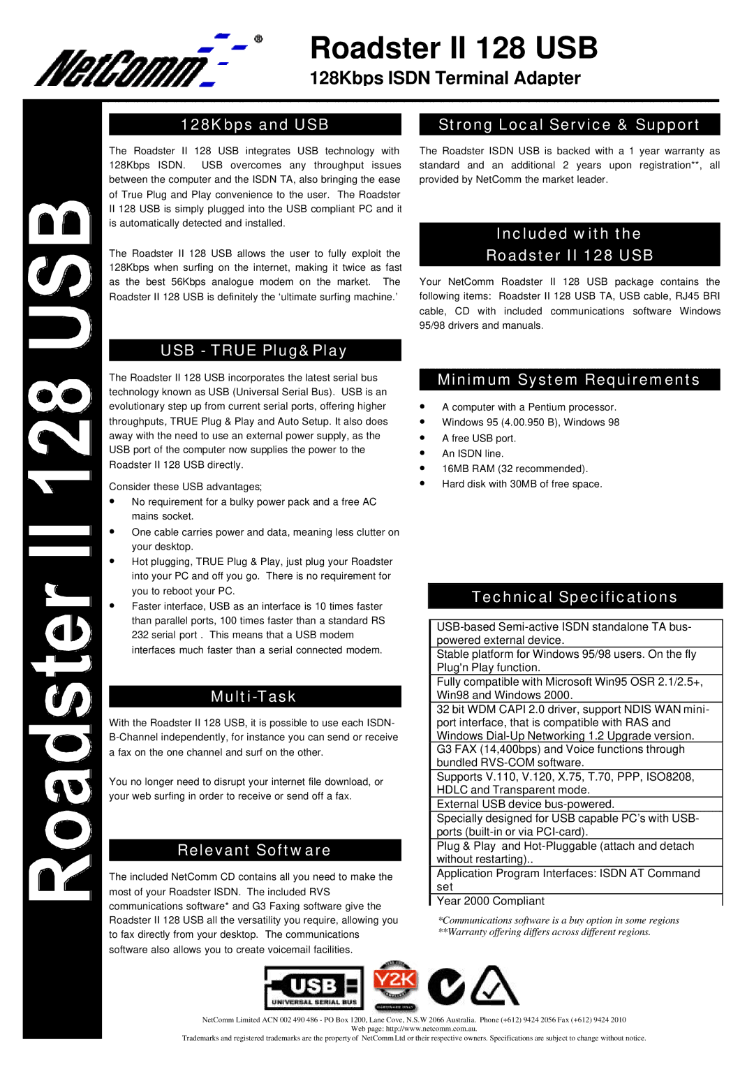 NetComm technical specifications Roadster II 128 USB, 128Kbps Isdn Terminal Adapter 