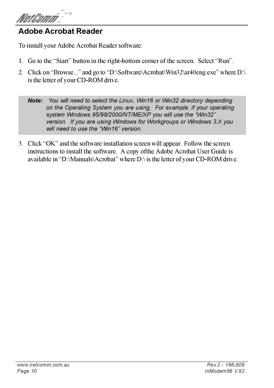 NetComm IN5699 manual Adobe Acrobat Reader 