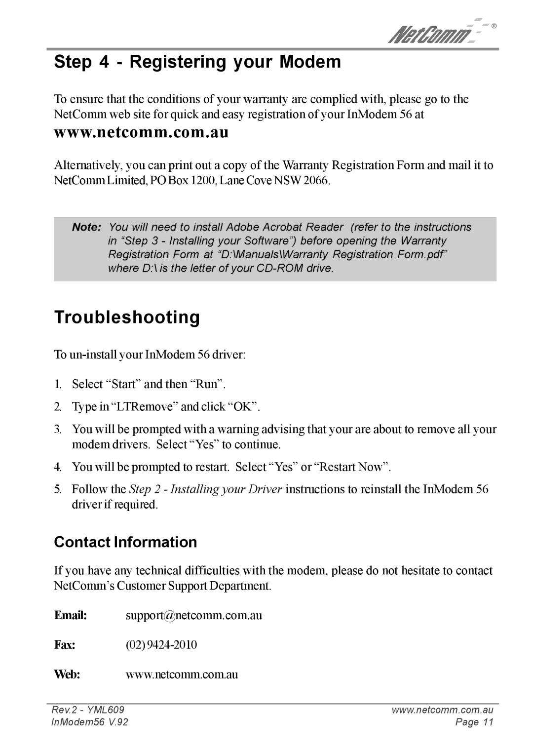 NetComm IN5699 manual Registering your Modem, Troubleshooting, Contact Information 