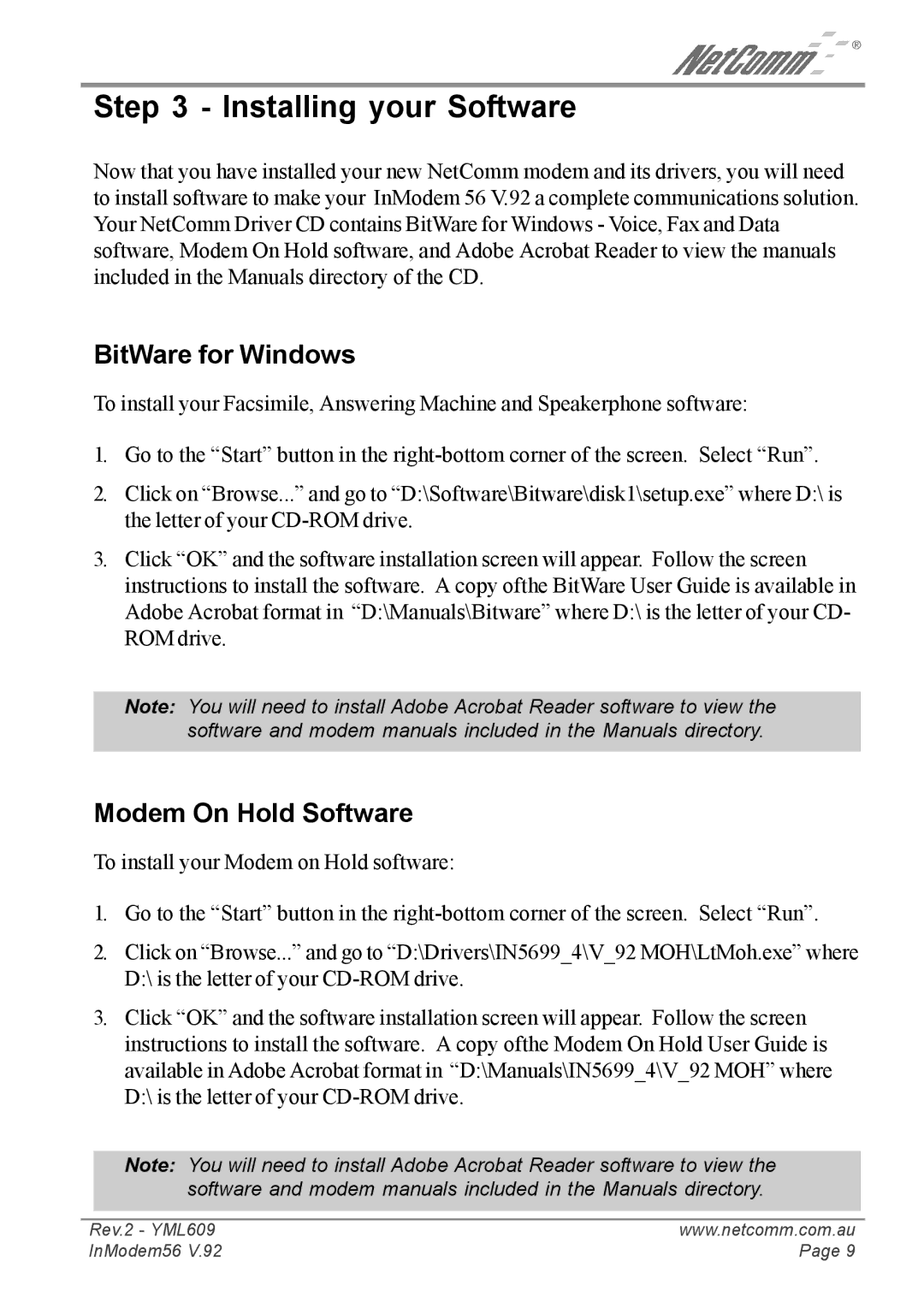 NetComm IN5699 manual Installing your Software, BitWare for Windows, Modem On Hold Software 