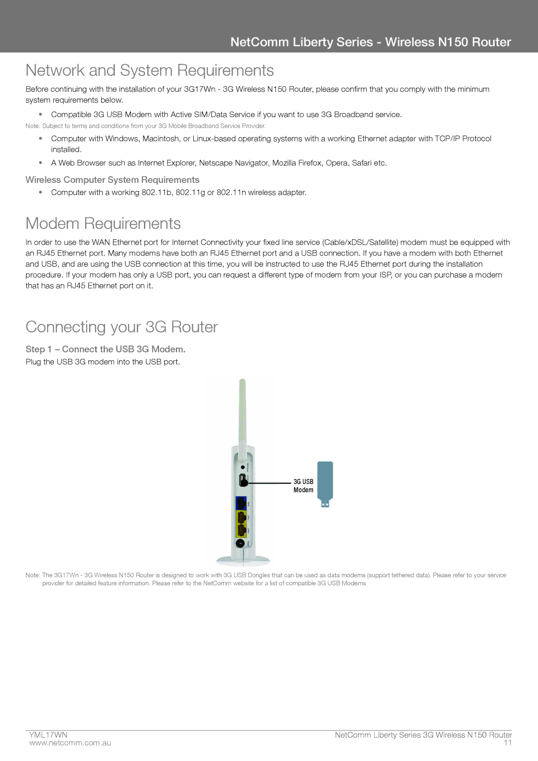 NetComm N150 Network and System Requirements, Modem Requirements, Connecting your 3G Router, Connect the USB 3G Modem 