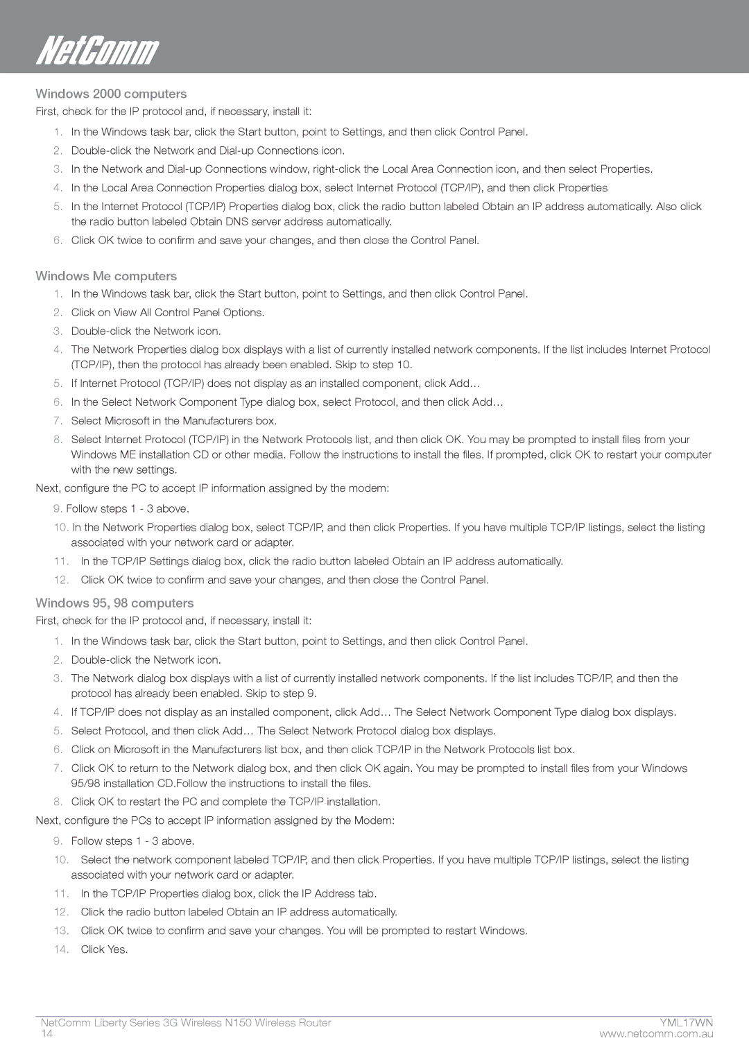NetComm N150 manual Windows 2000 computers, Windows Me computers, Windows 95, 98 computers 