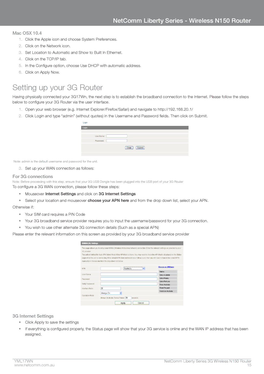 NetComm N150 manual Setting up your 3G Router, Mac OSX, For 3G connections, 3G Internet Settings 