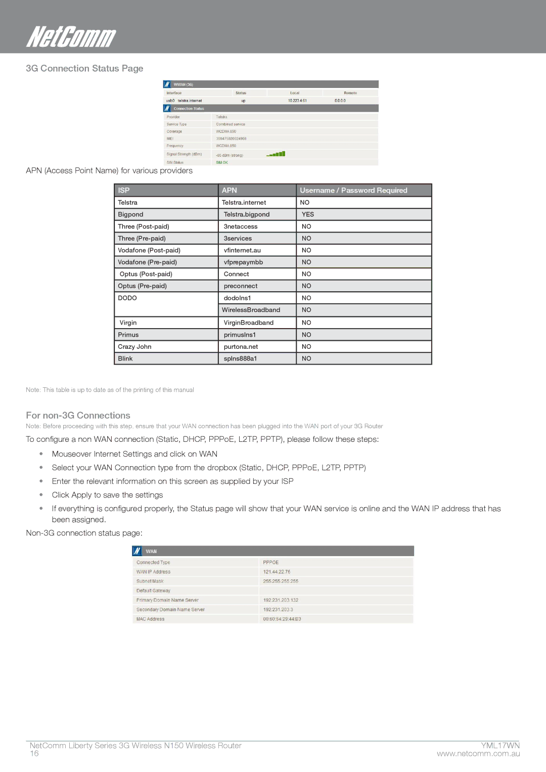 NetComm N150 manual 3G Connection Status, For non-3G Connections 